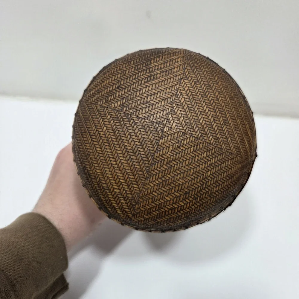 CHINESE ASIAN RICE BASKET Woven‎ Dark Wicker Bamboo Unique Design